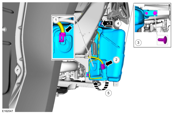 Ford Fusion. Windshield Washer Reservoir. Removal and Installation